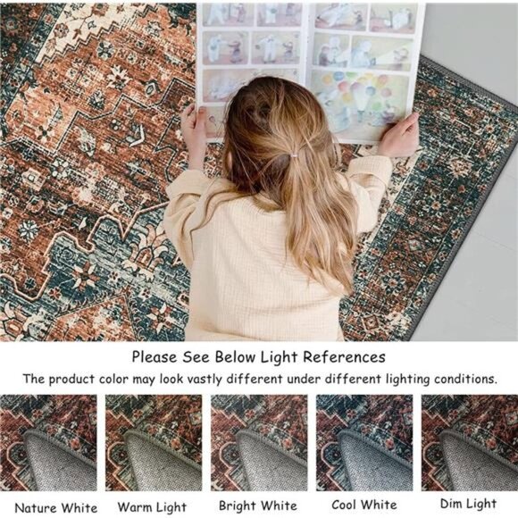 Ultra-Thin Washable Vintage Area Rug - 3x5 Boho Non-Slip Entryway Rug Oriental - Picture 5 of 6